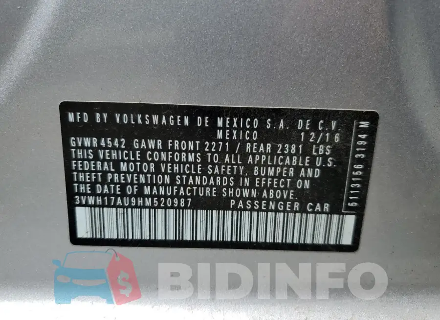 3VWH17AU9HM520987 Photo# 12