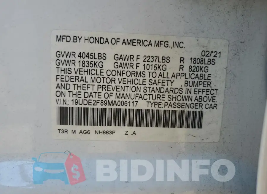 19UDE2F89MA006117 Photo# 12