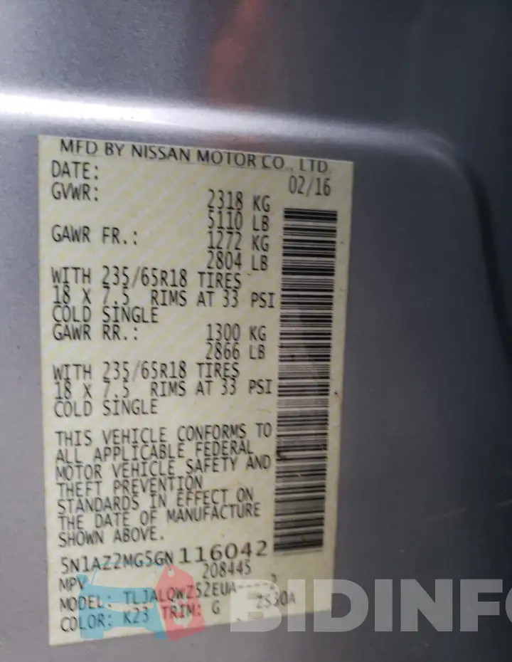 5N1AZ2MG5GN116042 Photo# 13