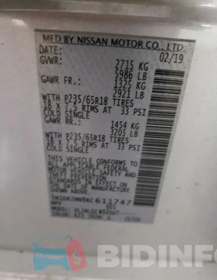 5N1DR2MN9KC611747 Photo# 13