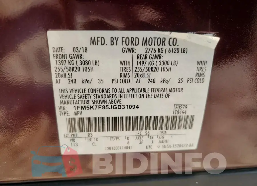 1FM5K7F85JGB31094 Photo# 13