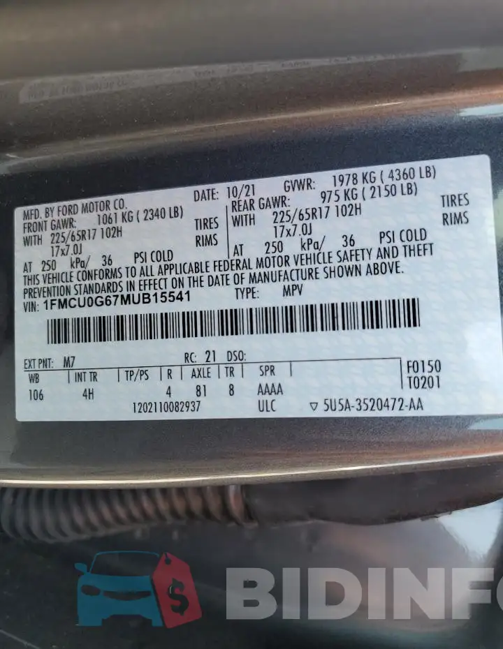 1FMCU0G67MUB15541 Photo# 12