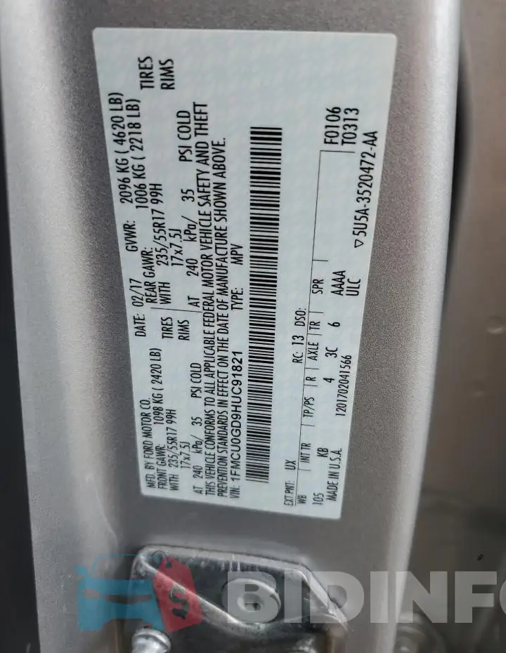 1FMCU0GD9HUC91821 Photo# 14