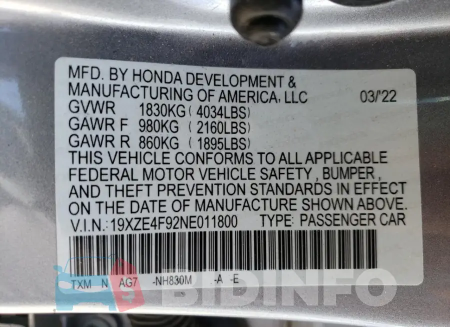 19XZE4F92NE011800 Photo# 13