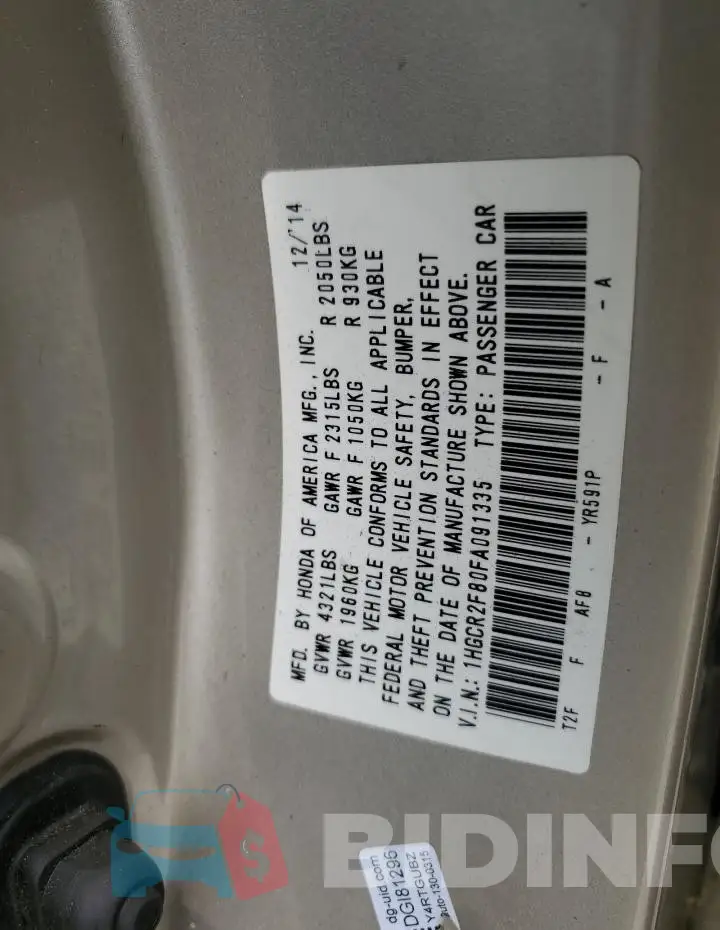 1HGCR2F80FA091335 Photo# 12