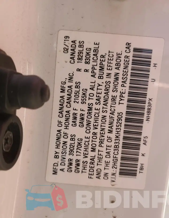 2HGFC3B33KH352905 Photo# 13