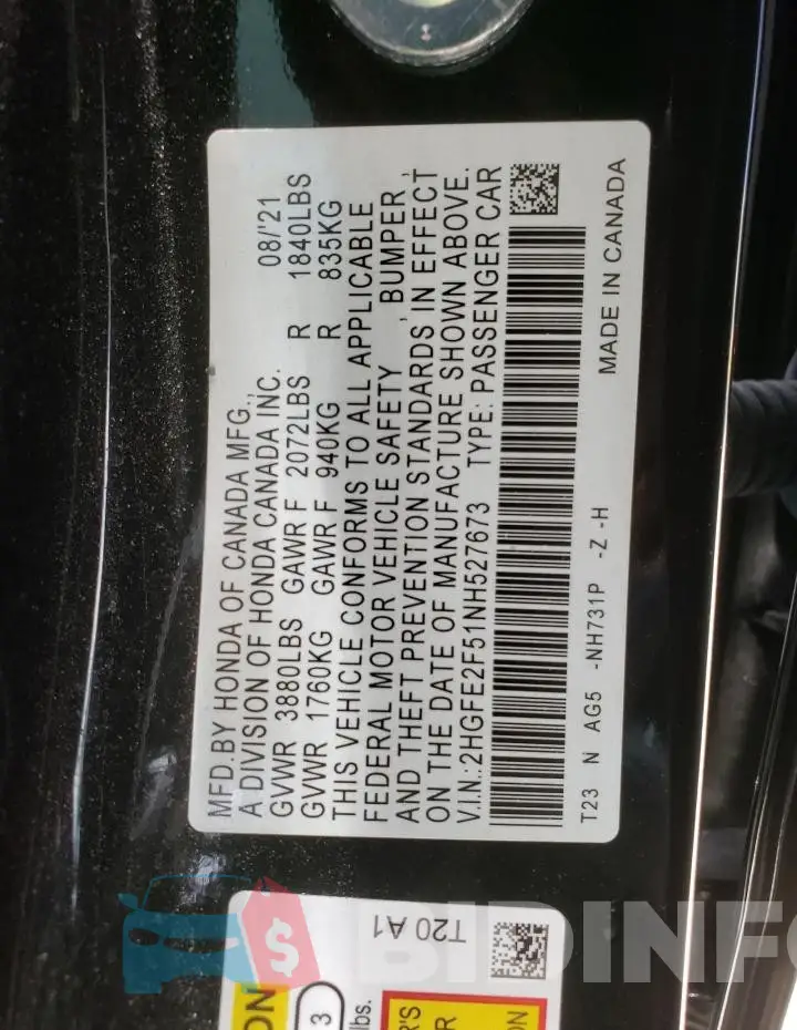 2HGFE2F51NH527673 Photo# 12