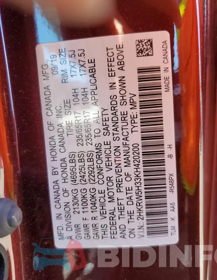2HKRW5H33KH420200 Photo# 13