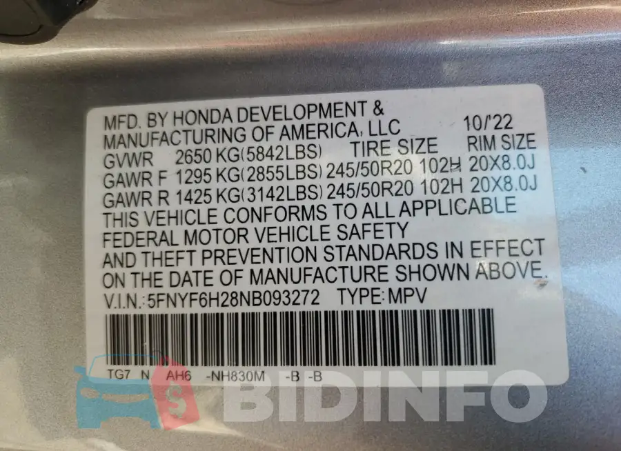 5FNYF6H28NB093272 Photo# 14