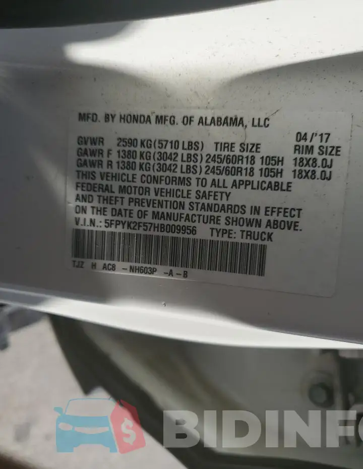 5FPYK2F57HB009956 Photo# 12