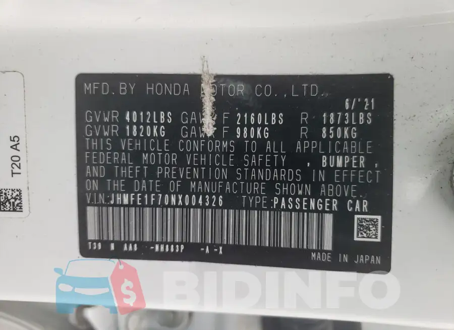JHMFE1F70NX004326 Photo# 12