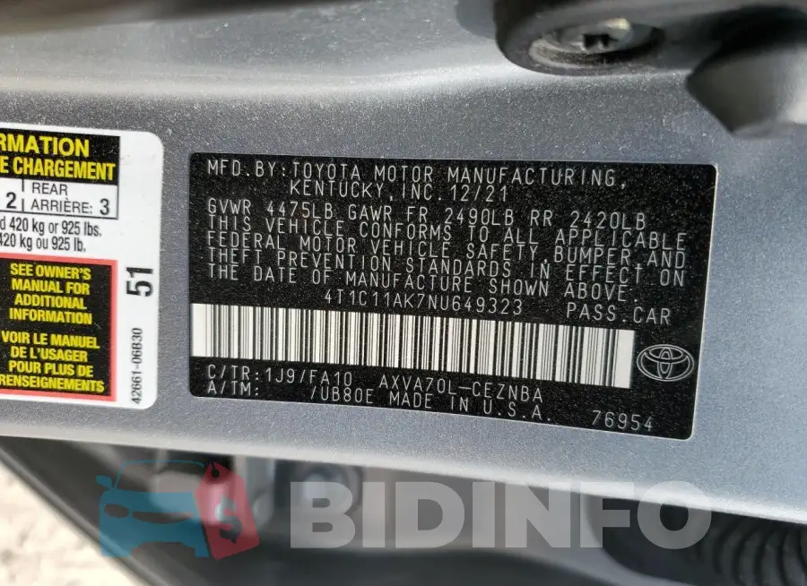 4T1C11AK7NU649323 Photo# 12