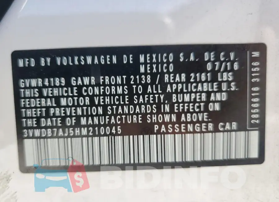 3VWDB7AJ5HM210045 Photo# 12