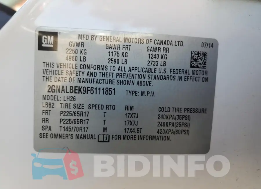 2GNALBEK9F6111851 Photo# 13