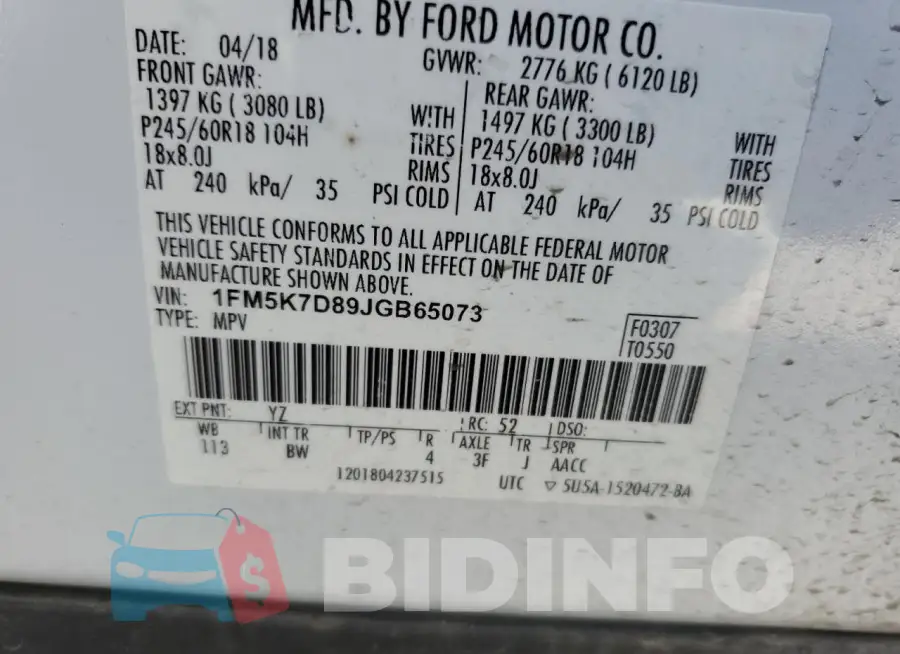 1FM5K7D89JGB65073 Photo# 13