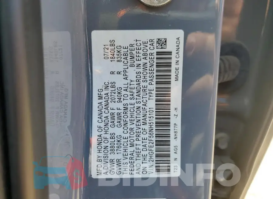 2HGFE2F56NH515101 Photo# 12