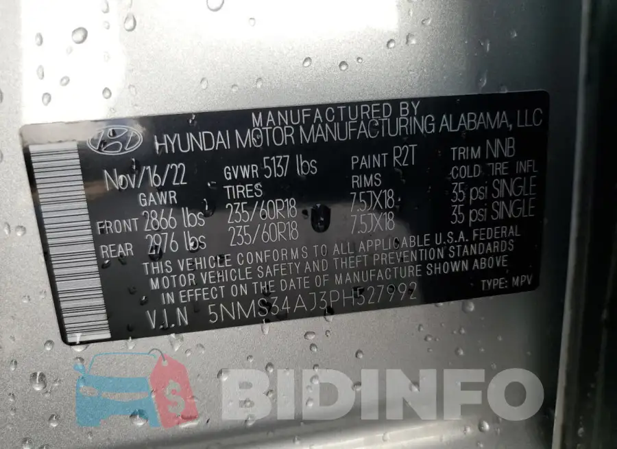 5NMS34AJ3PH527992 Photo# 14