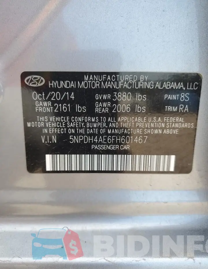 5NPDH4AE6FH601467 Photo# 12