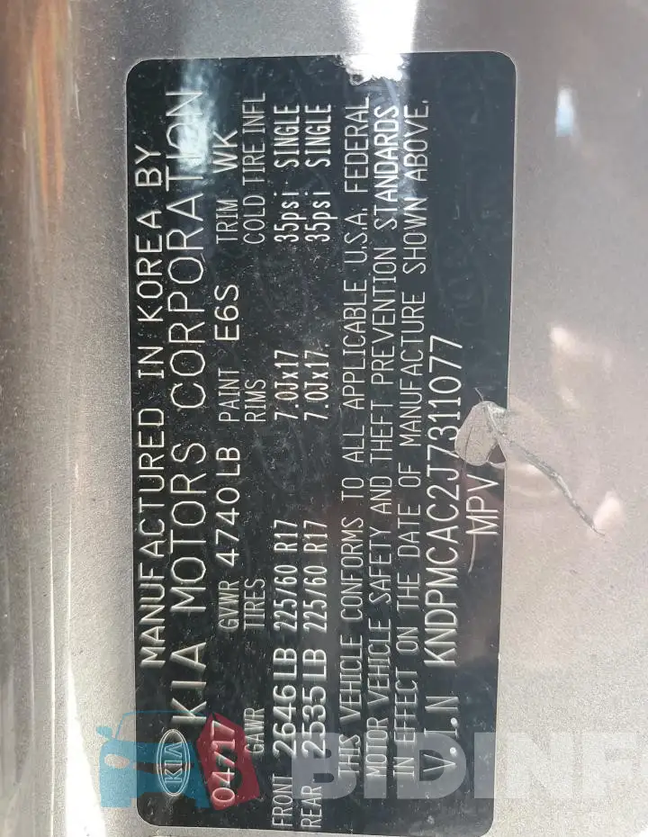 KNDPMCAC2J7311077 Photo# 14