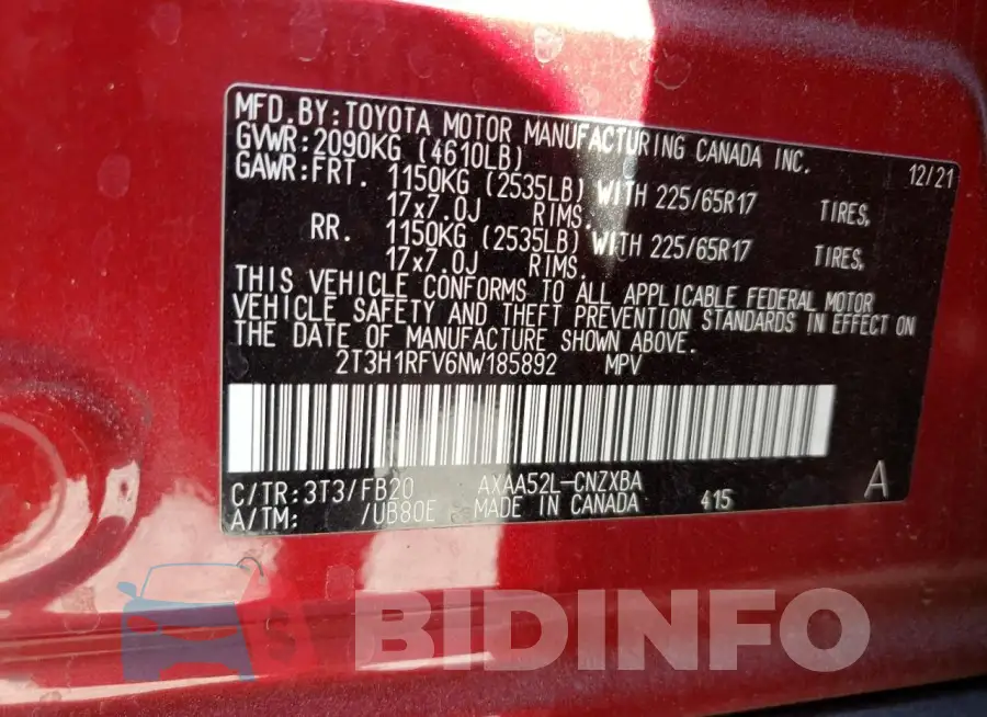2T3H1RFV6NW185892 Photo# 14