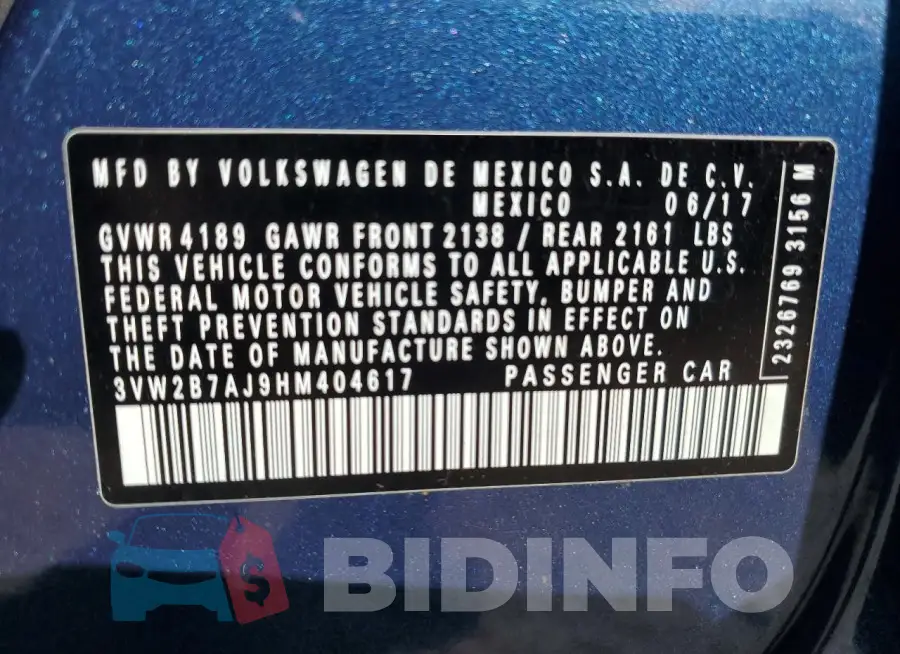 3VW2B7AJ9HM404617 Photo# 12