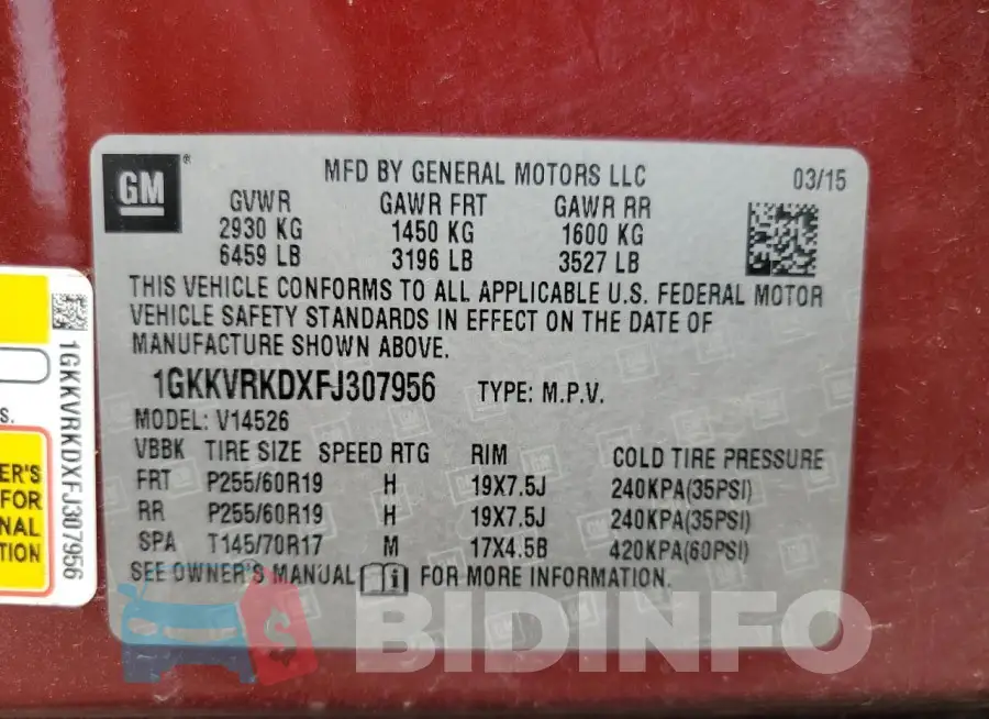 1GKKVRKDXFJ307956 Photo# 13