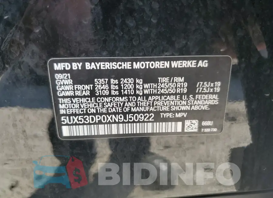 5UX53DP0XN9J50922 Photo# 13