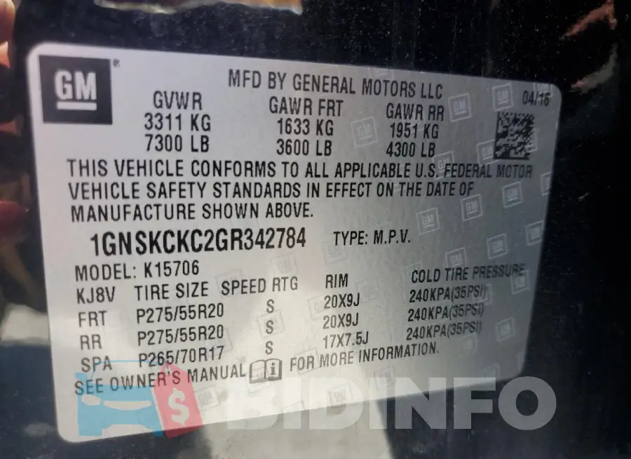 1GNSKCKC2GR342784 Photo# 13