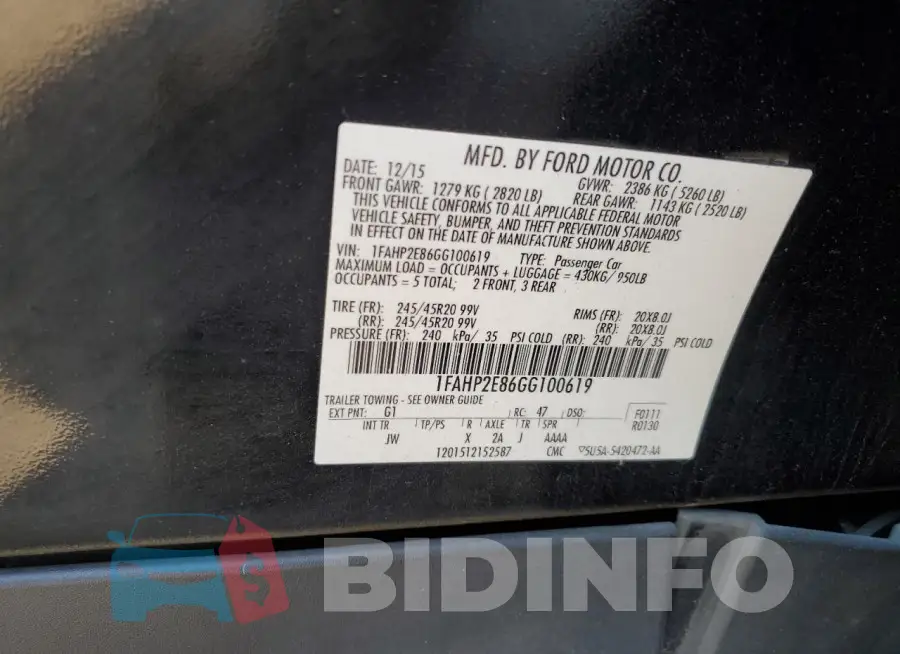 1FAHP2E86GG100619 Photo# 12