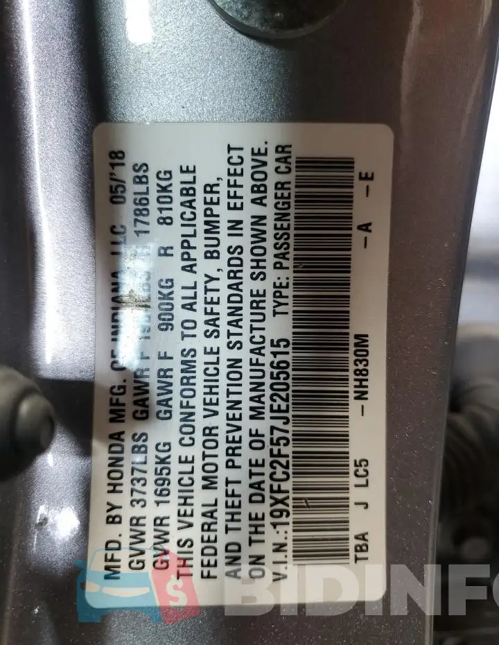 19XFC2F57JE205615 Photo# 12
