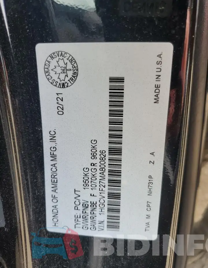 1HGCV1F27MA800826 Photo# 12