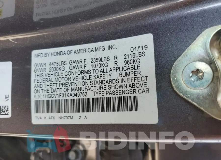 1HGCV1F31KA049762 Photo# 12