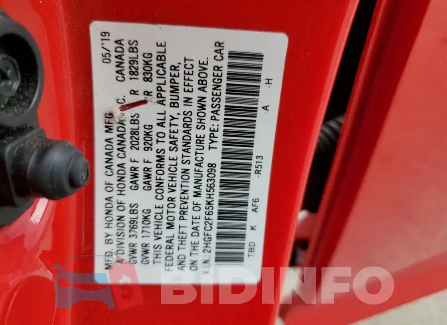2HGFC2F65KH563098 Photo# 12