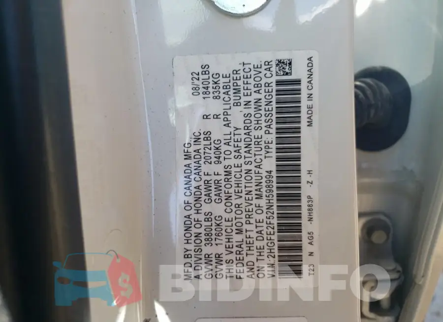 2HGFE2F52NH598994 Photo# 12