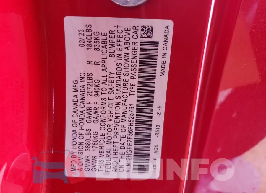 2HGFE2F56PH525761 Photo# 12