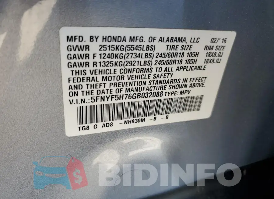 5FNYF5H76GB032088 Photo# 12