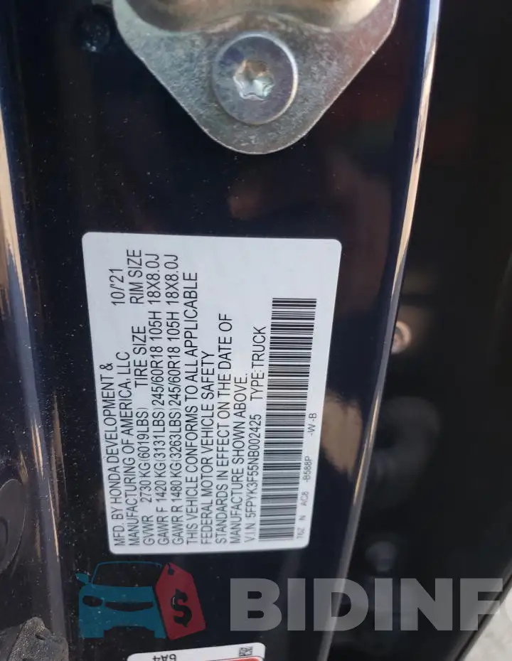 5FPYK3F55NB002425 Photo# 12