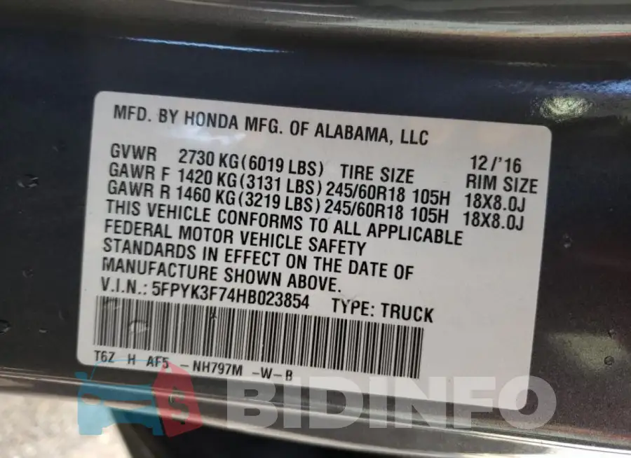 5FPYK3F74HB023854 Photo# 13