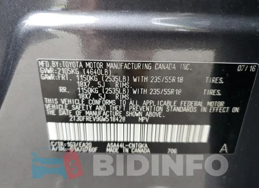 2T3DFREV9GW518428 Photo# 13