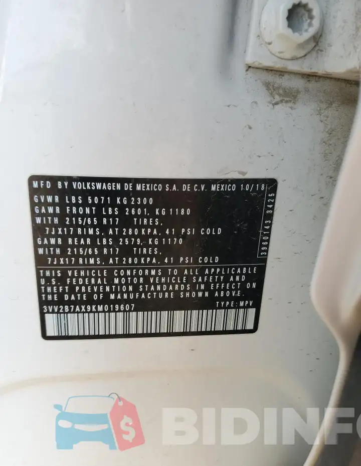 3VV2B7AX9KM019607 Photo# 13