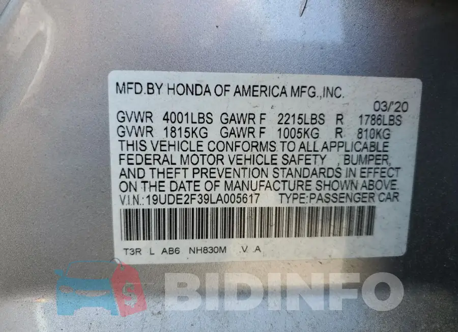 19UDE2F39LA005617 Photo# 13
