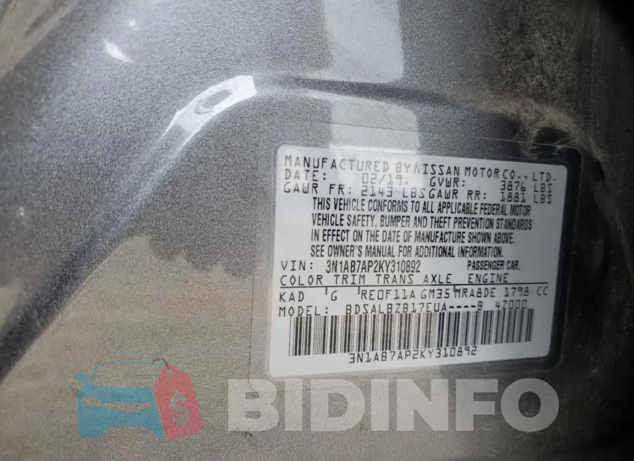 3N1AB7AP2KY310892 Photo# 12