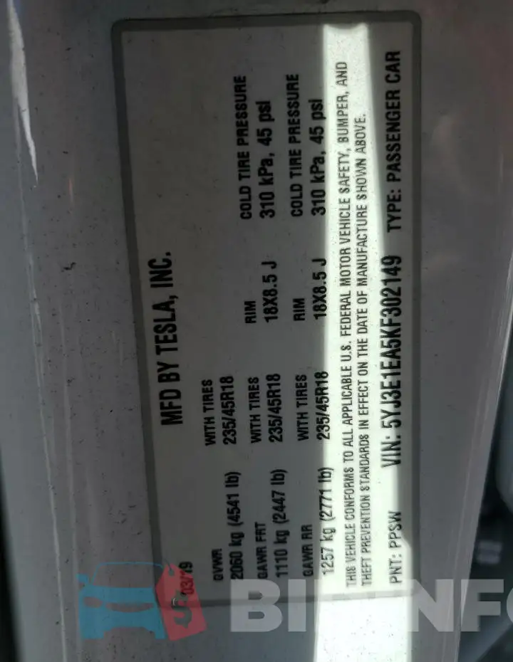 5YJ3E1EA5KF302149 Photo# 12