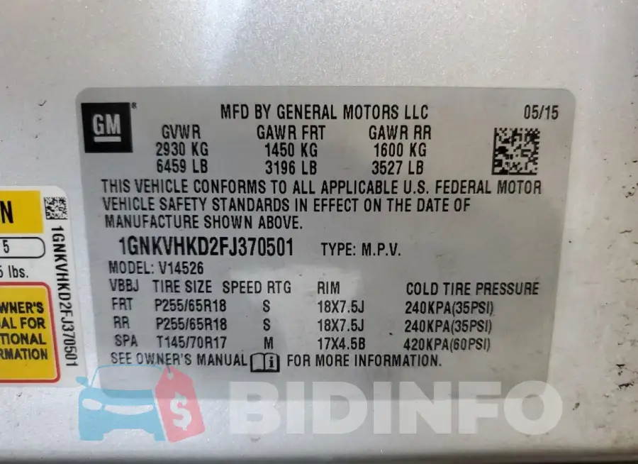 1GNKVHKD2FJ370501 Photo# 13