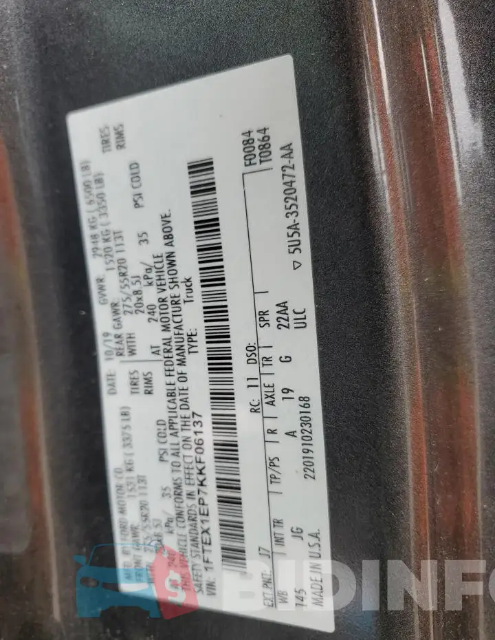 1FTEX1EP7KKF06137 Photo# 12