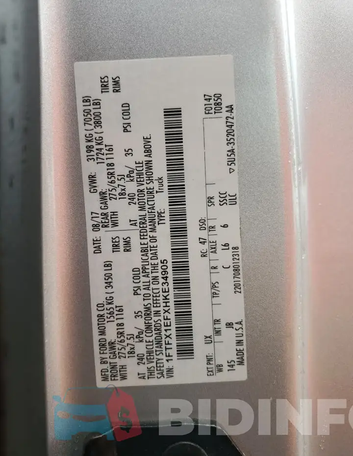 1FTFX1EFXHKE34905 Photo# 12