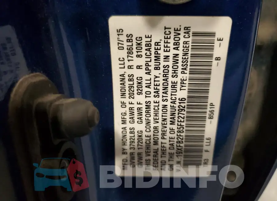 19XFB2F85FE279216 Photo# 12