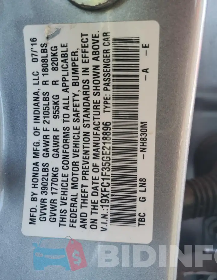 19XFC1F35GE218896 Photo# 12