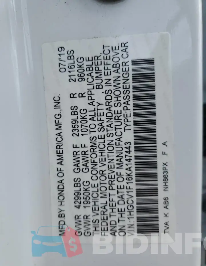 1HGCV1F16KA147443 Photo# 12