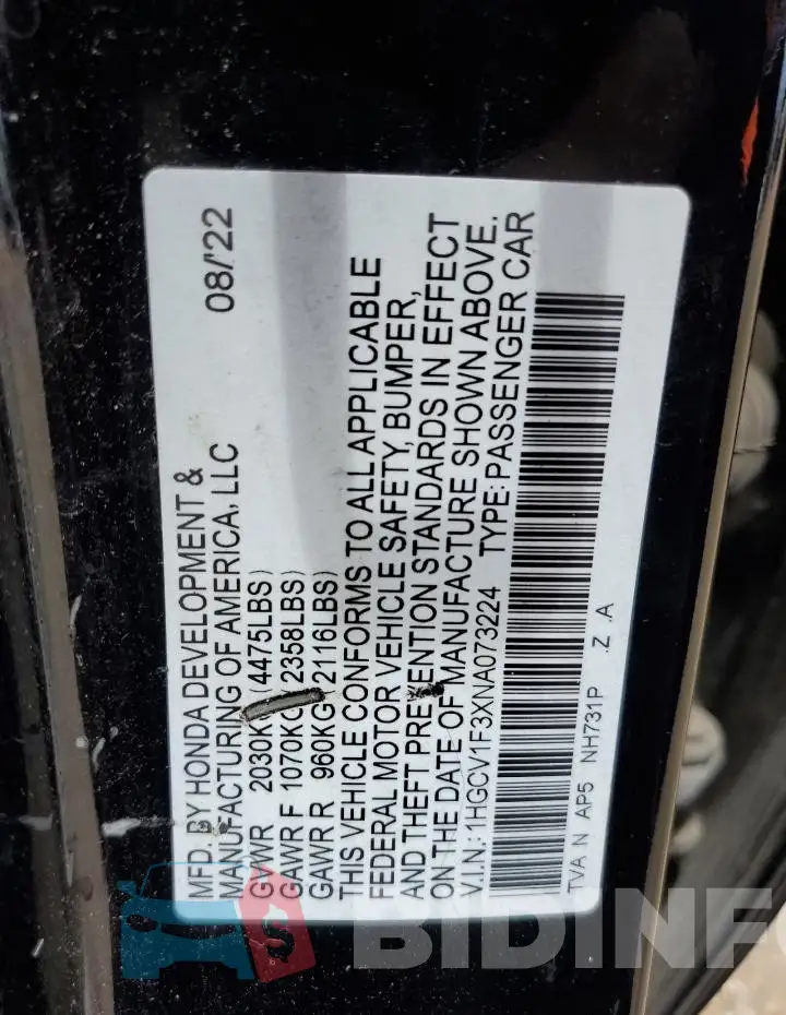 1HGCV1F3XNA073224 Photo# 13